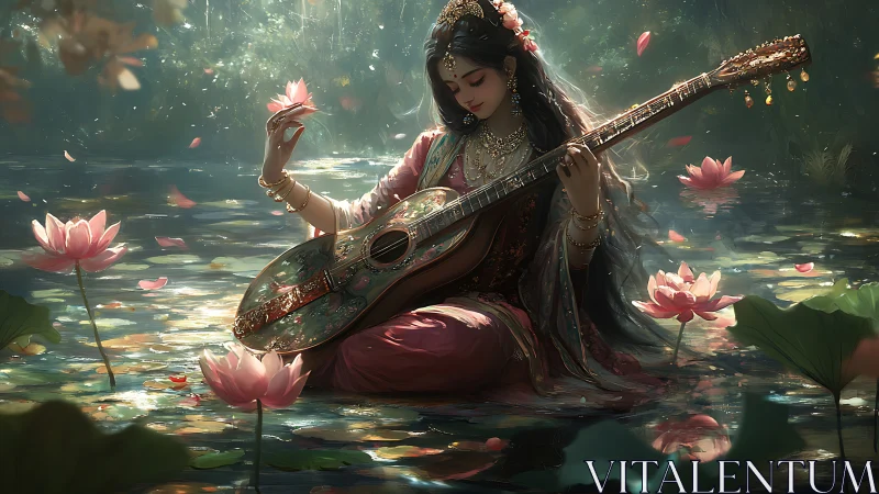 Mystical woman with guitar seated among glowing lotus flowers.