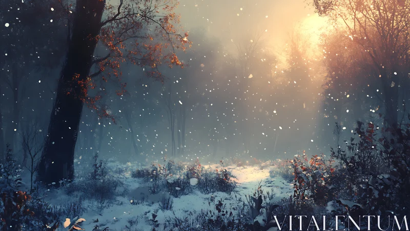 Luminous Winter's Whisper Through Ember-Touched Trees.