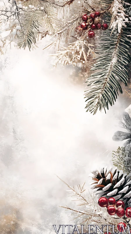 Frosted pine branches frame red berries on winter background.