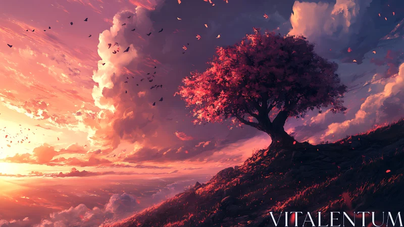 Solitary blossom tree glows against a stormlit sunset sky.