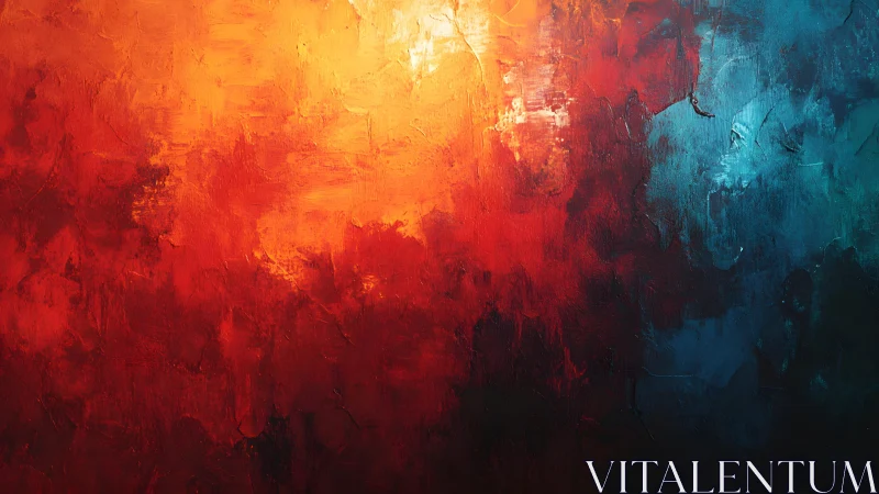 Abstract fiery red and blue textured painting with bold brushwork.