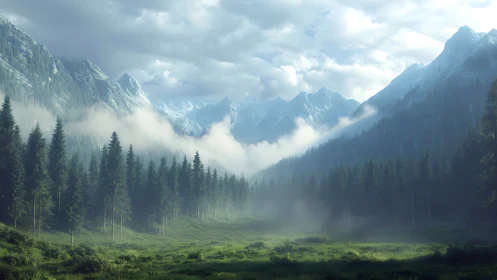 Mountain Valley Engulfed in Misty Morning Clouds