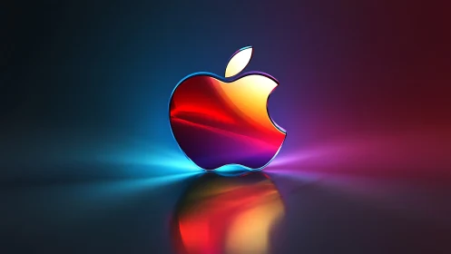 3D chromatic apple emblem with reflective gradient shell.