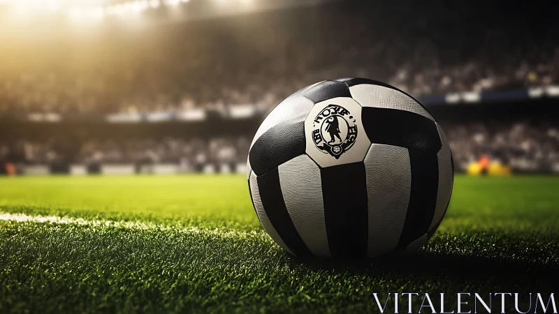 Soccer ball on bright green pitch under stadium lights.