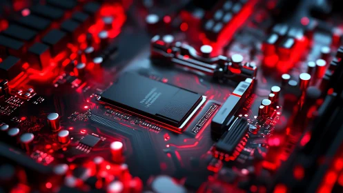 Red-illuminated motherboard renders central processor under shallow depth