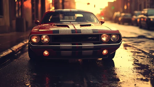 Muscle car on wet city street at cinematic golden hour.