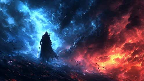 Cloaked warrior walks between blue storm and red fire sky.