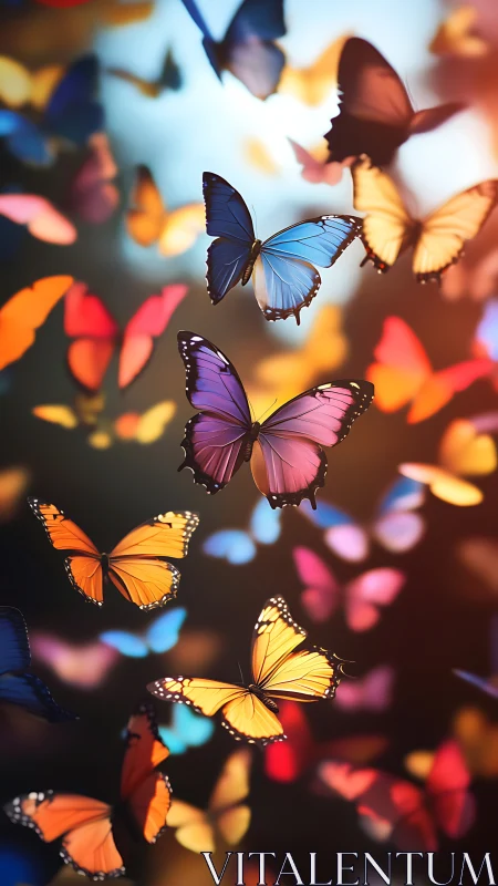 Colorful butterflies drift through glowing bokeh light