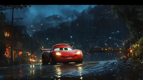 Red cartoon car on wet city street in nighttime rain scene.