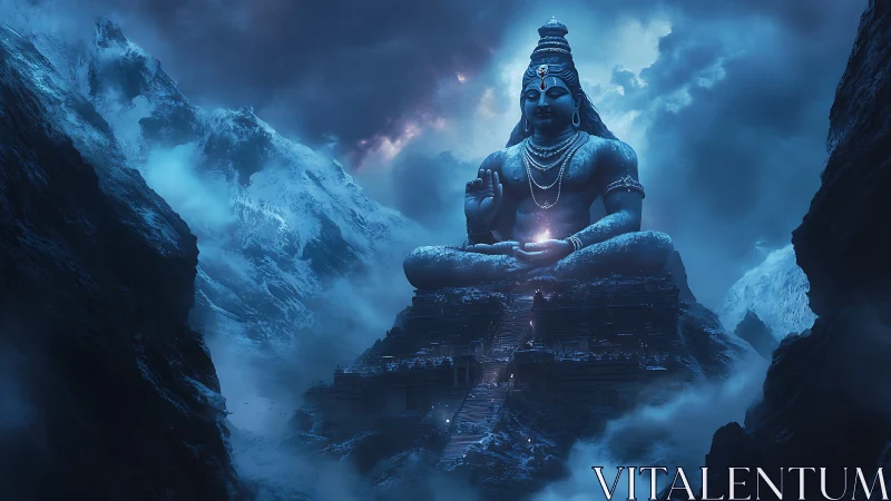 Colossal icy deity meditates amid stormy mystical peaks.