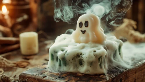 Melted ghost-shaped candle emits smoke on wooden surface