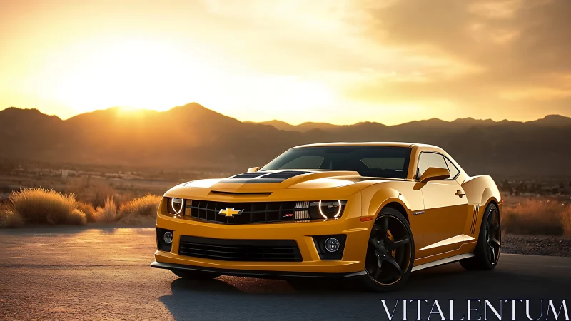 Yellow Chevrolet Camaro stands on open road at sunset