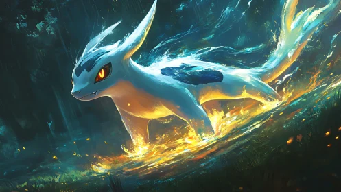 Elemental creature charges through blazing forest stream.