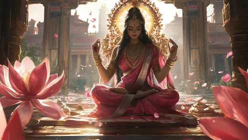 Digital painting of serene goddess in lotus temple composition.