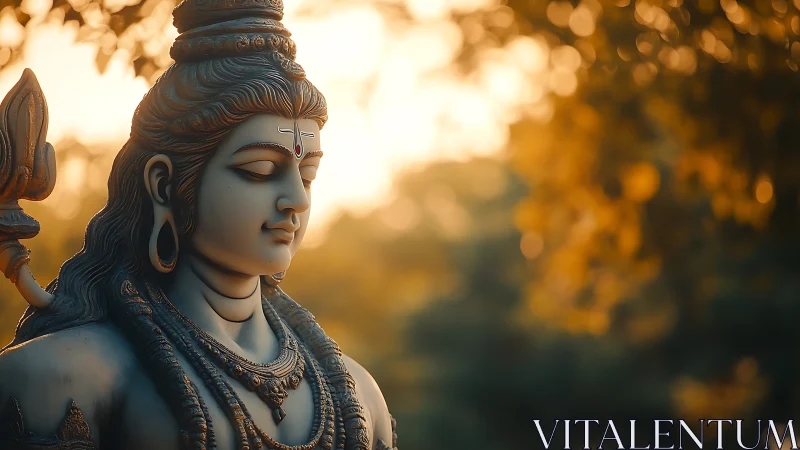 Serene Shiva statue against warm golden bokeh light.