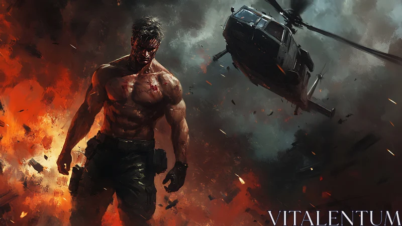 Battle-scarred soldier strides from flames as helicopter falls