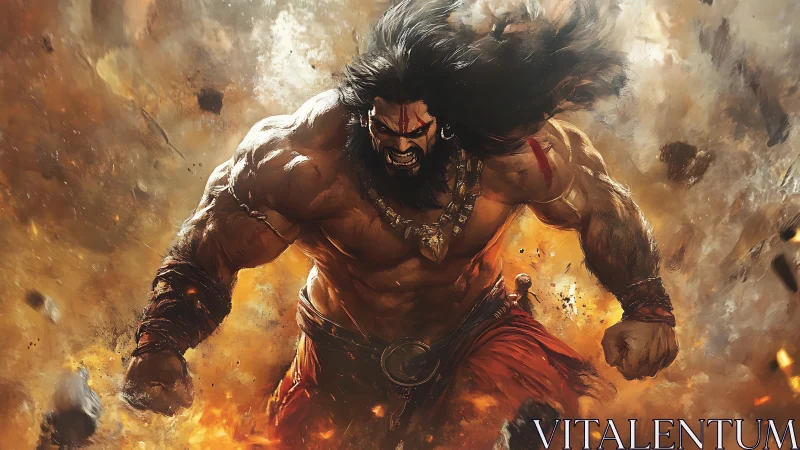 Fierce warrior strides through firestorm with unstoppable heart.