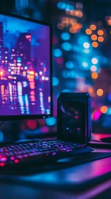 RGB-lit gaming setup glows against neon city bokeh backdrop.