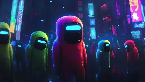 Neon hooded figures in a futuristic cyberpunk city street.