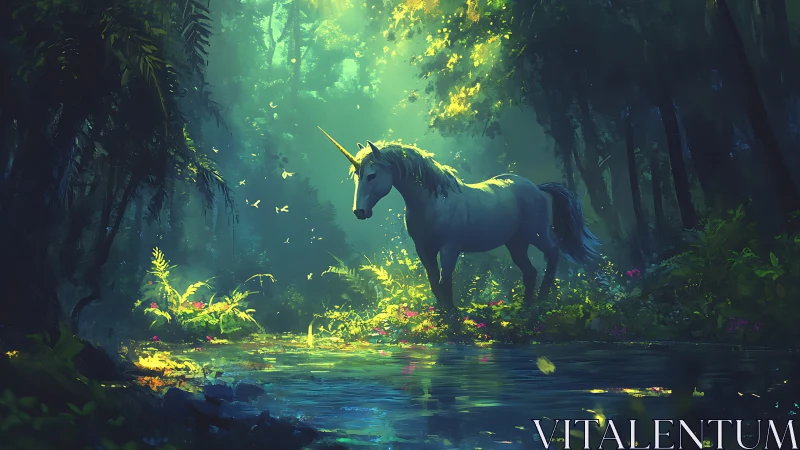 Solitary unicorn stands in luminous forest beside stream
