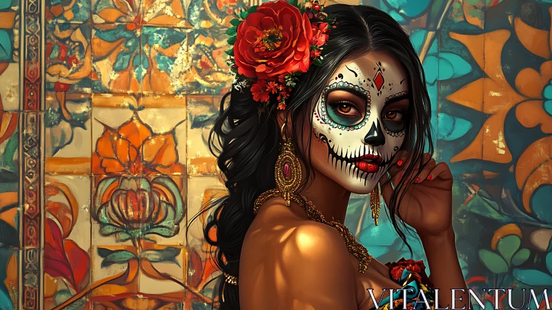 Calavera portrait with floral tiles and vibrant face paint.