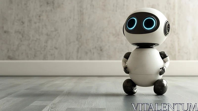 Curious little home robot waiting in a calm, bright room.
