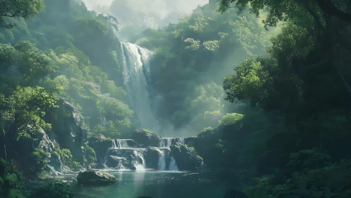 Cascading Waterfall Through Emerald Forest Canopy with Misty Atmosphere.