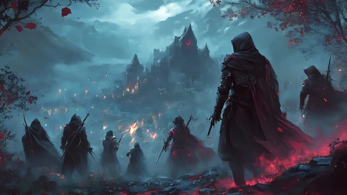 Shadowy warriors approach a burning, haunted mountain citadel.
