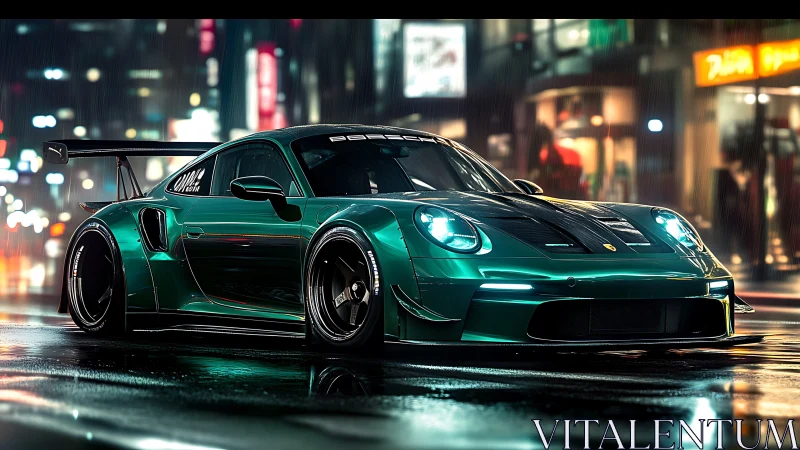 Neon-soaked teal supercar prowls through rainlit city nights.