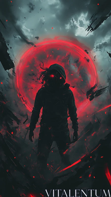 Hooded figure with red energy ring in stormy sky.