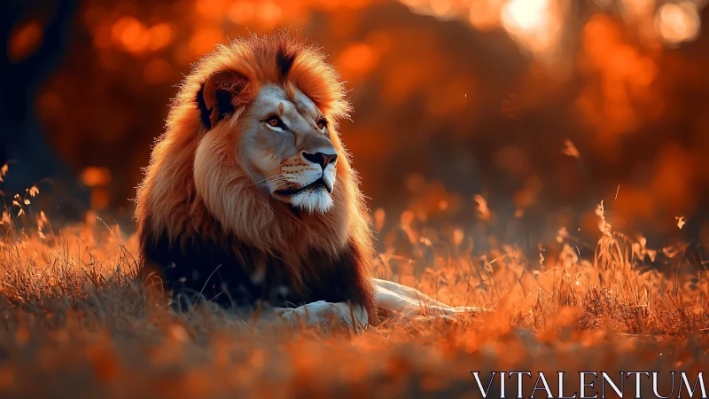 Regal lion rests in glowing orange savanna light at dusk.