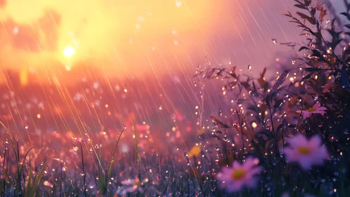 Sunlit rain over dewy wildflowers in vibrant meadow