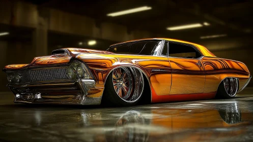 Low-riding custom coupe with hyperreflective candy paintwork.