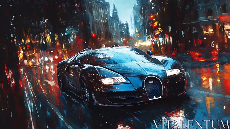 Rain-soaked hypercar rendered with dynamic reflections and bokeh