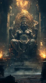 Majestic stone deity seated in glowing, firelit temple hall.