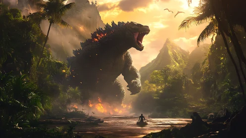 Giant reptilian monster roars above jungle river at sunset.