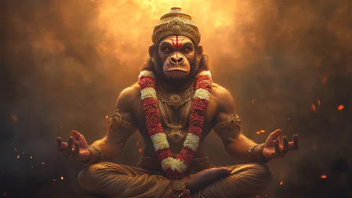 Divine monkey warrior meditates in glowing sacred firelight