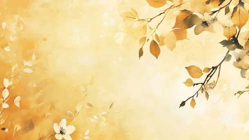Golden floral branches glow across soft watercolor field.