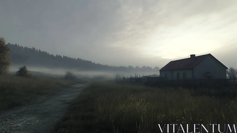 Rural gravel track, misty meadow and solitary farm house at dawn