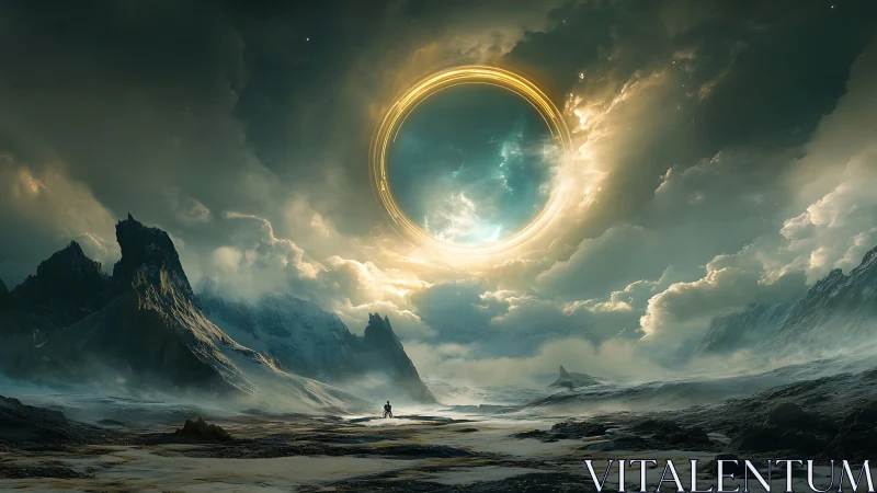 Ringed celestial portal dominates misty mountainous terrain