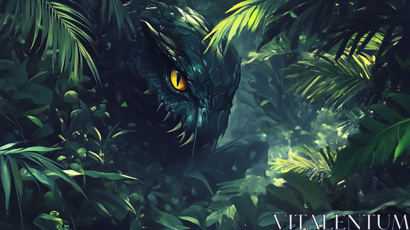 Predatory jungle serpent emerging through luminous foliage.