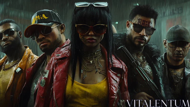 Cyberpunk street gang stands defiant under neon rain