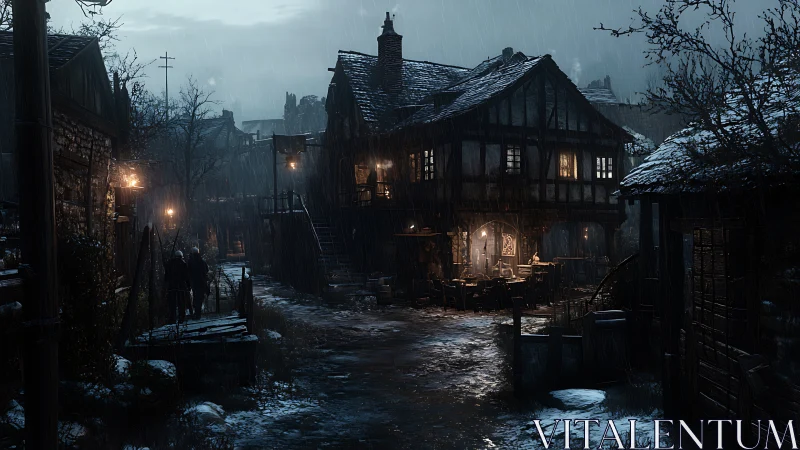 Rain-soaked medieval tavern street hums with hidden stories.