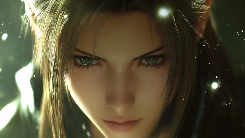 Fierce forest elf gazes ahead with quiet, luminous resolve