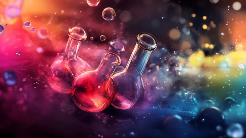 Glowing round flasks in colorful vapor and light field.