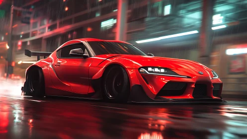 Red widebody sports coupe slices through neon rain streets
