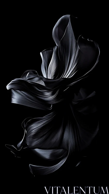 Monochrome abstract metallic ribbons on black field.