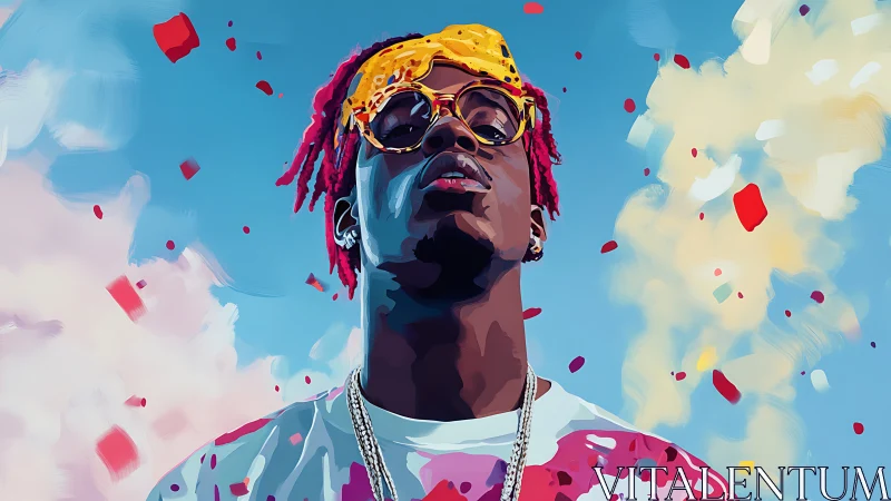 Vibrant stylized portrait of a youth under confetti sky