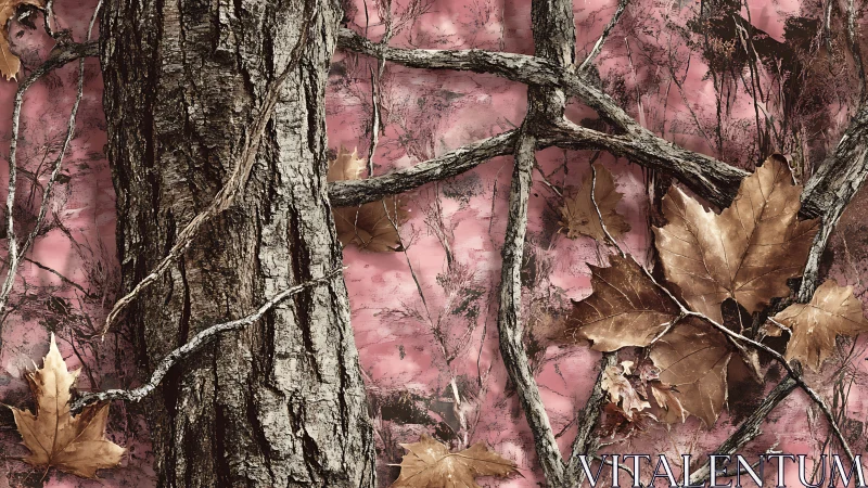 Forest bark and autumn leaves over dreamy pink haze.