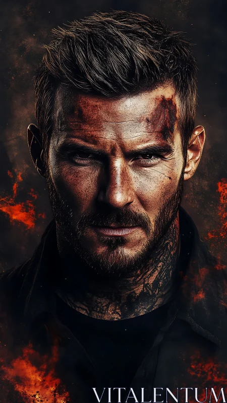 Scarred warrior portrait framed by burning embers and smoke.